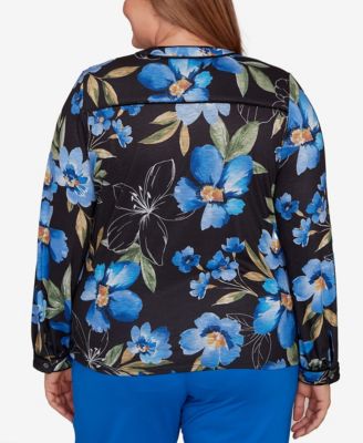 Plus Size Barcelona Watercolor Floral Velvet Trim Top