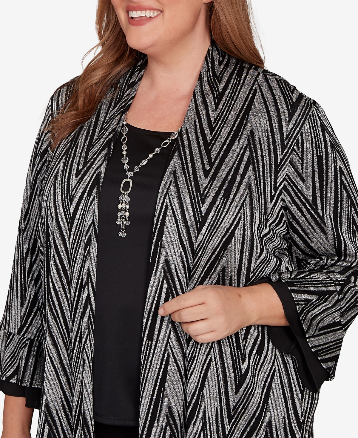 Alfred Dunner Plus Size Barcelona Metallic Chevron Two In One Top With Necklace In Multi
