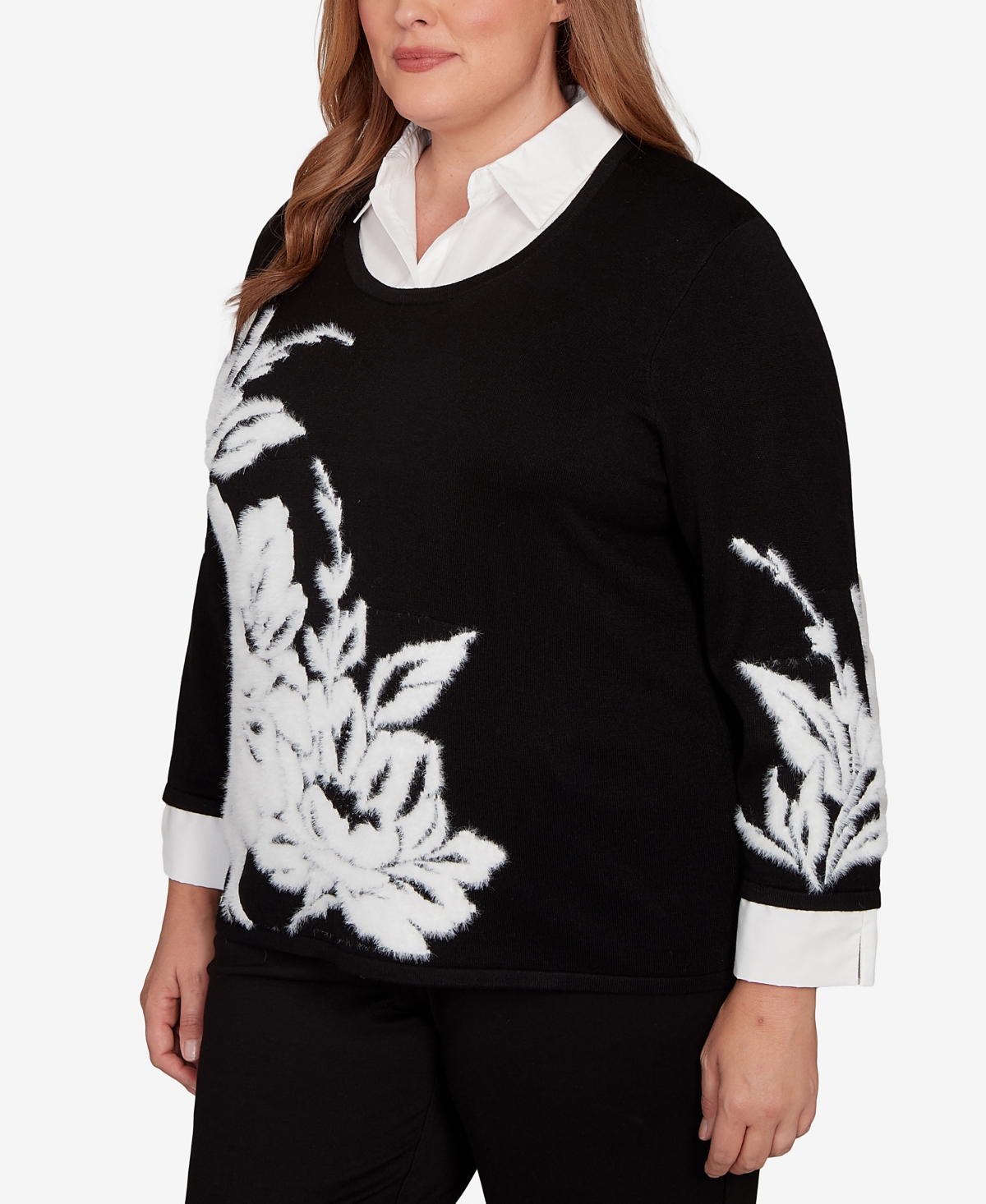 Alfred Dunner Plus Size Barcelona Dramatic Floral Two In One Sweater In Black