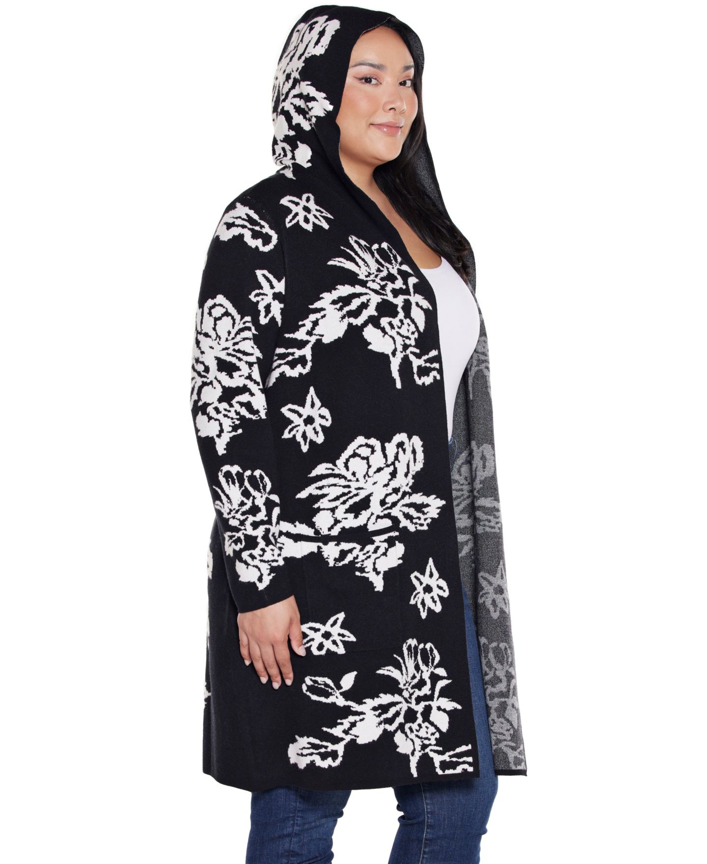Женский свитер Belldini Plus Size Hooded Fall Botanicals Coatigan, цвет: Чёрный комбинированный — фото 2