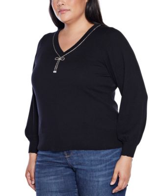 Plus Size  V-Neck Rhinestone-Bow Sweater