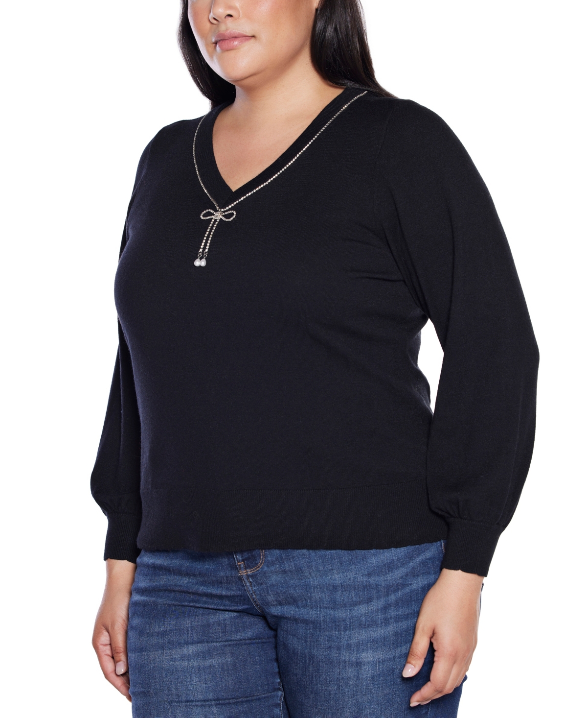 Belldini Plus Size V-Neck Rhinestone-Bow Sweater