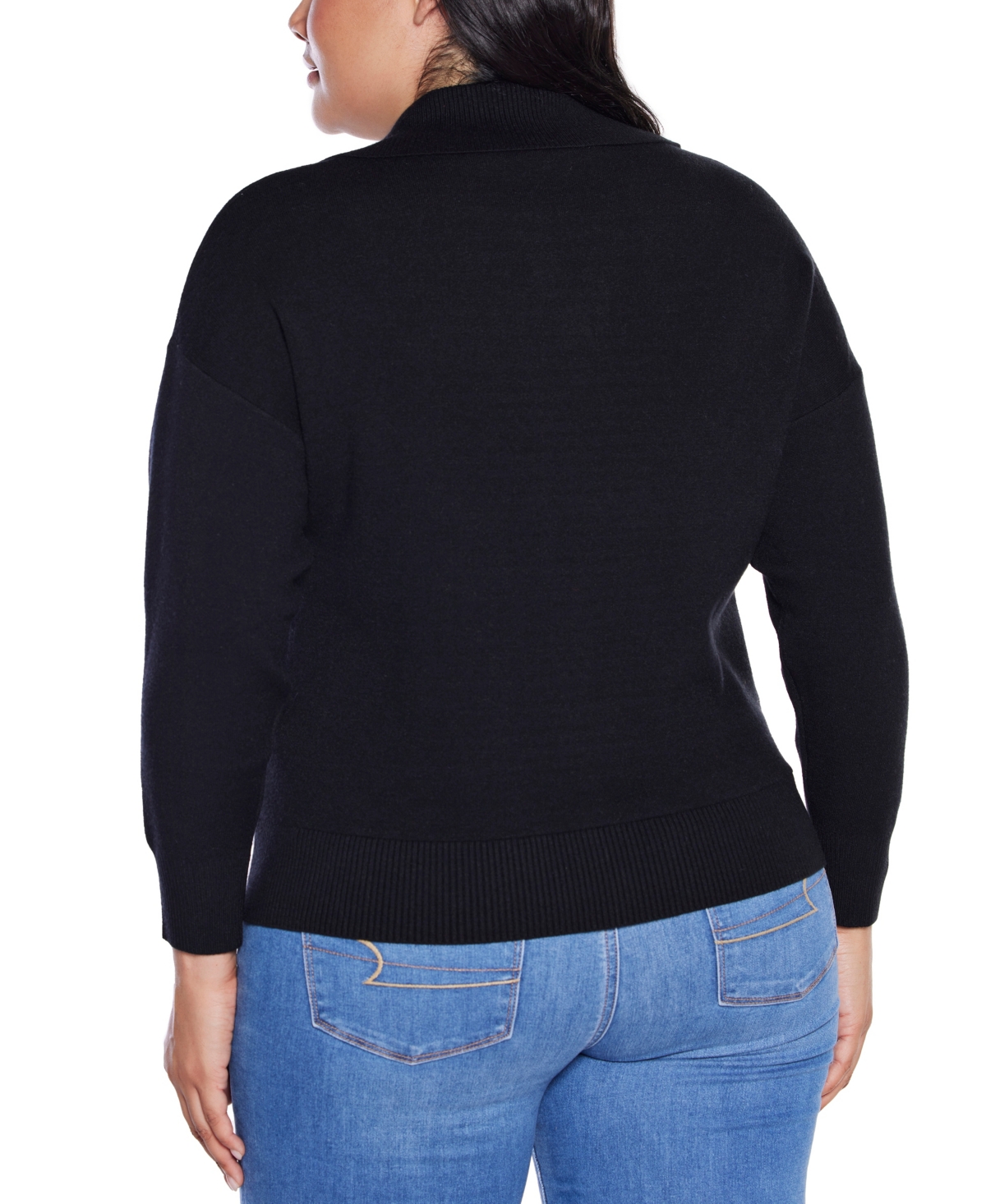 Belldini Plus Size Rhinestone-trimmed Split-neck Sweater In Black