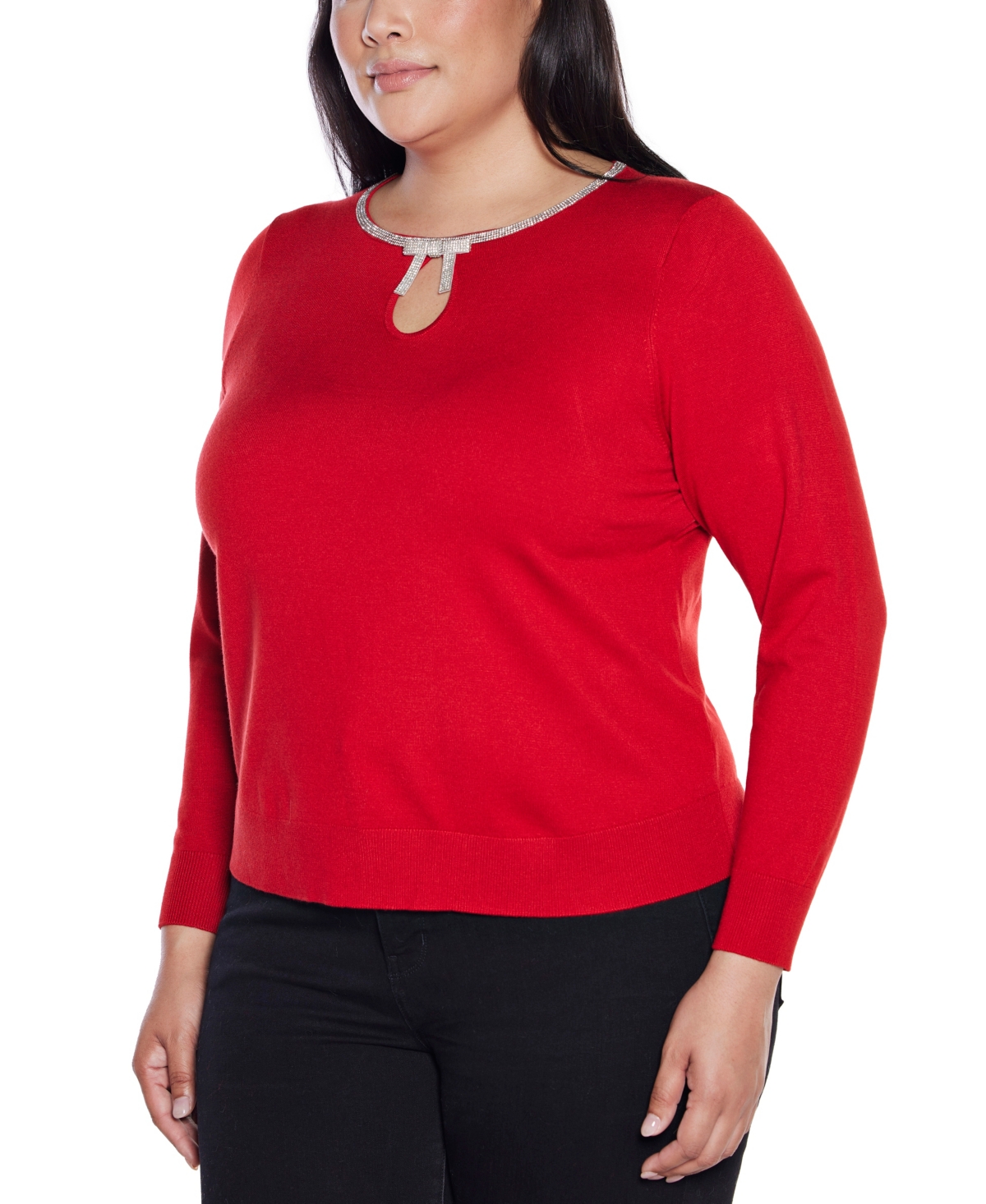 Belldini Plus Women's Embellished Keyhole Crew Neck Sweater