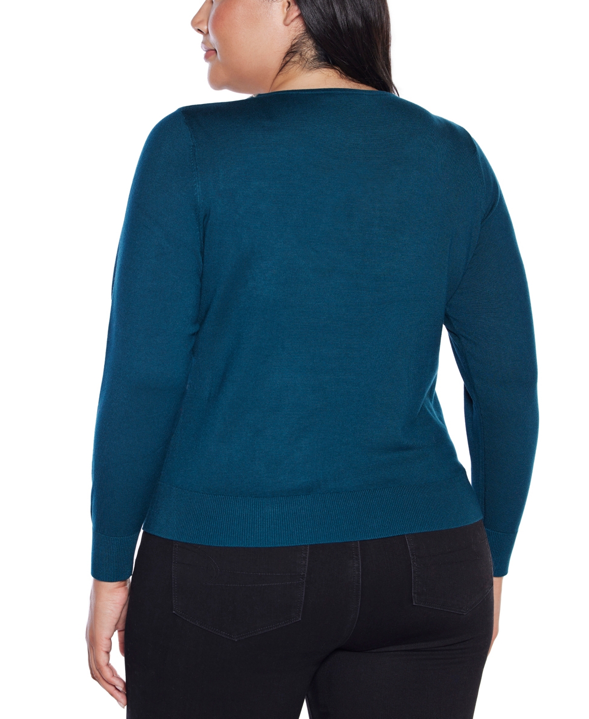 Belldini Plus Size Women's Embellished Keyhole Crew Neck Sweater In Blue