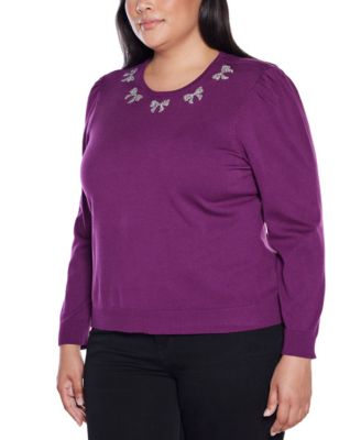 Plus Size  Puff Sleeve Embellished Neckline Sweater
