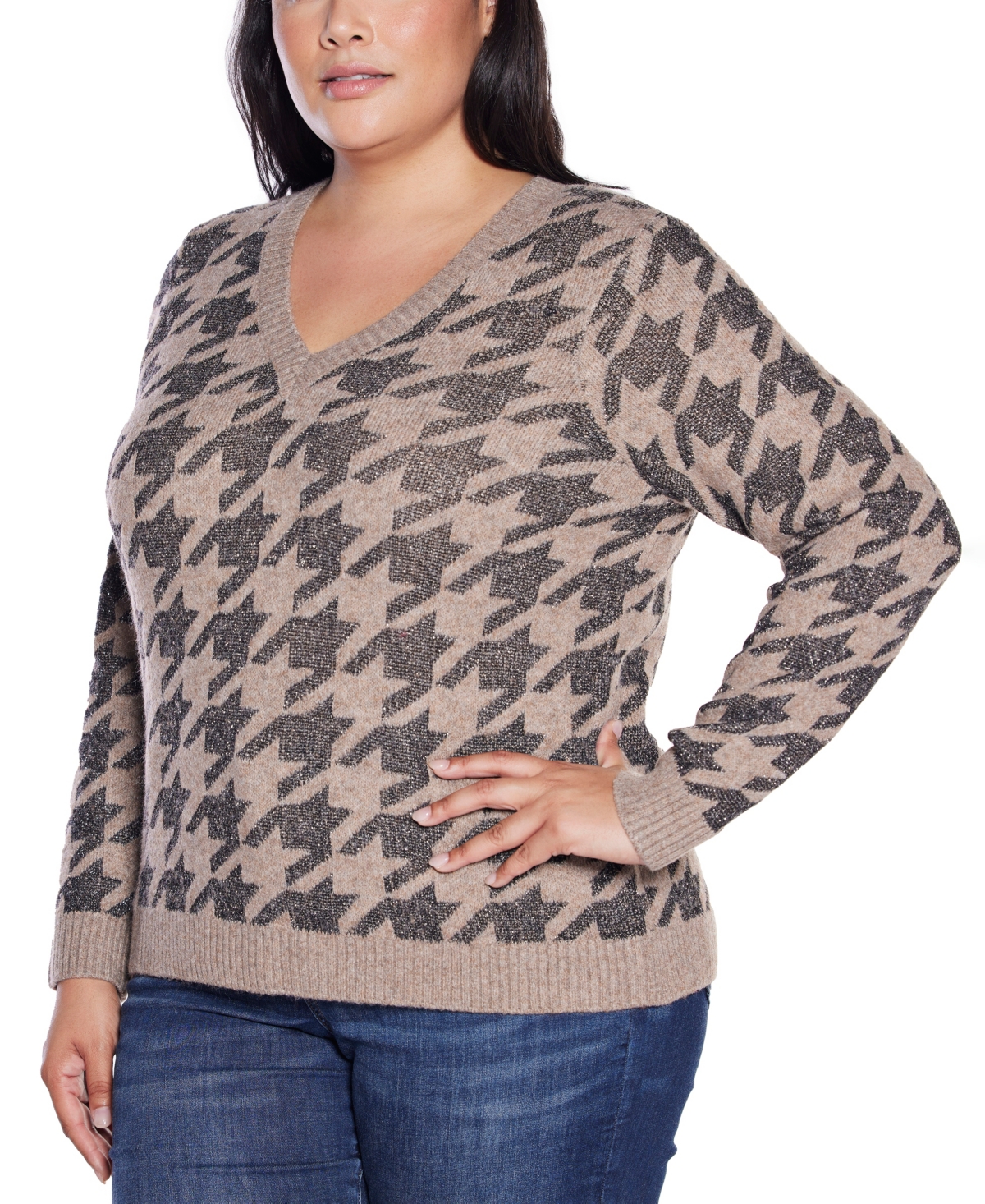 Belldini Plus Size Stylized-Houndstooth V-Neck Sweater