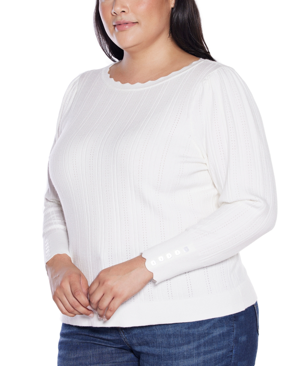 Belldini Plus Size Scalloped-trim Boat Neck Sweater In White