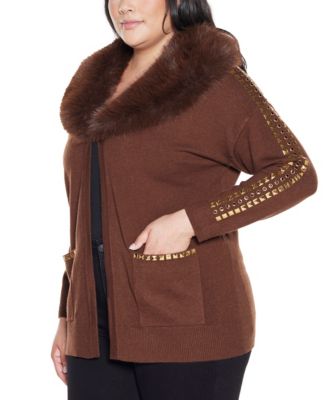 Plus Size Black Label  Embellished Collar Cardigan Sweater
