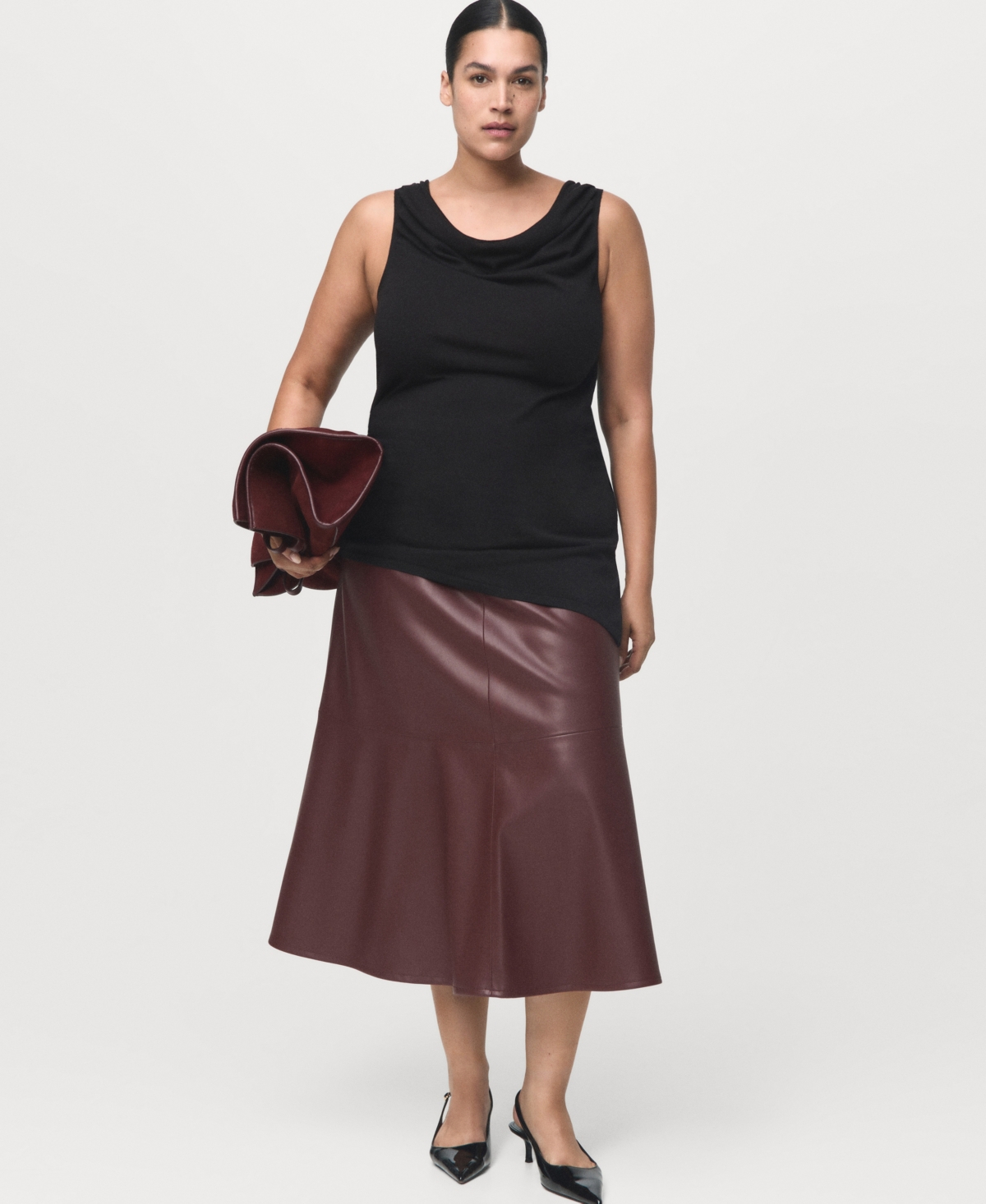 Mango Paris Faux Leather A-line Midi Skirt In Burgundy
