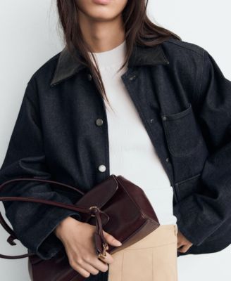 Women's Leather-Effect Collar Denim Jacket