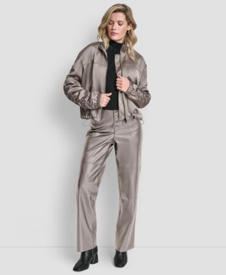 Women's Mock Neck Ruched Cropped Bomber Jacket