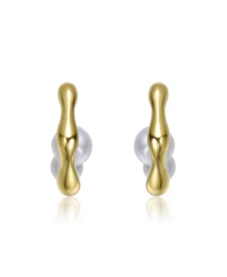 14K Gold Plated with Curved Design and Pearl Accent Modern Huggie Earrings