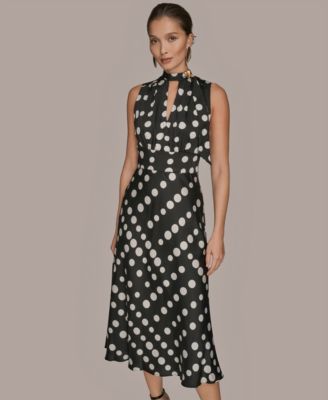 Women's Dot-Print Tie-Neck A-Line Dress
