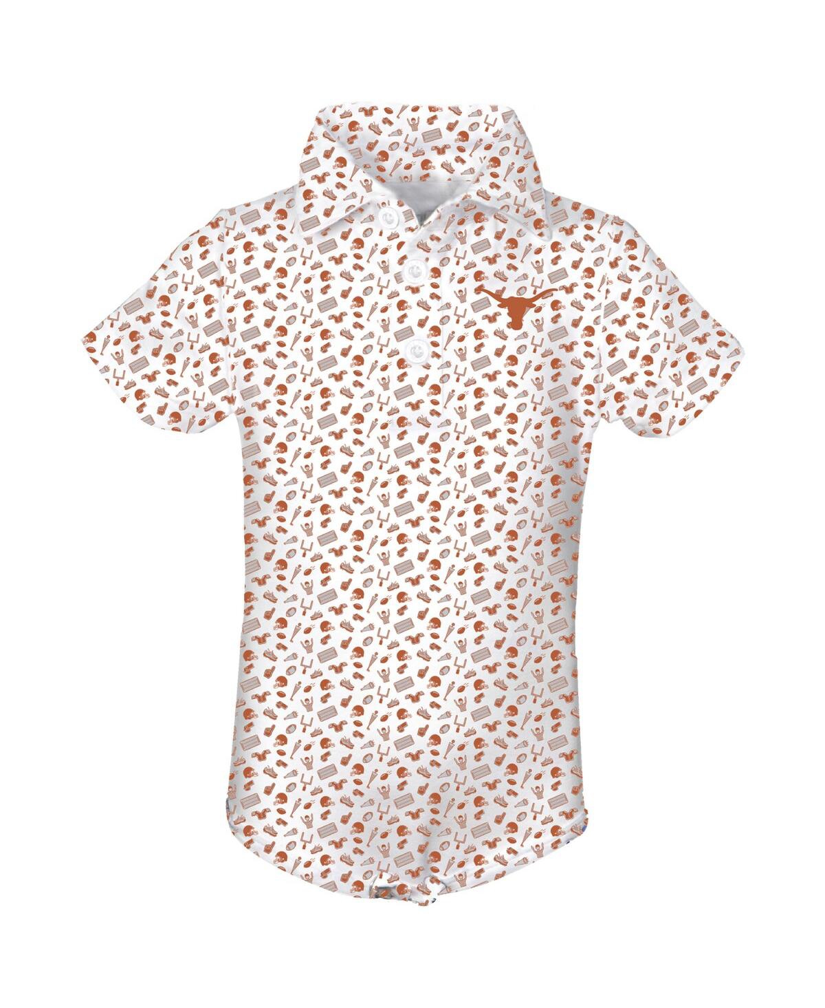 Garb Baby Boys And Girls Burnt Orange Texas Longhorns Tom Allover Print Performance Polo Bodysuit In White