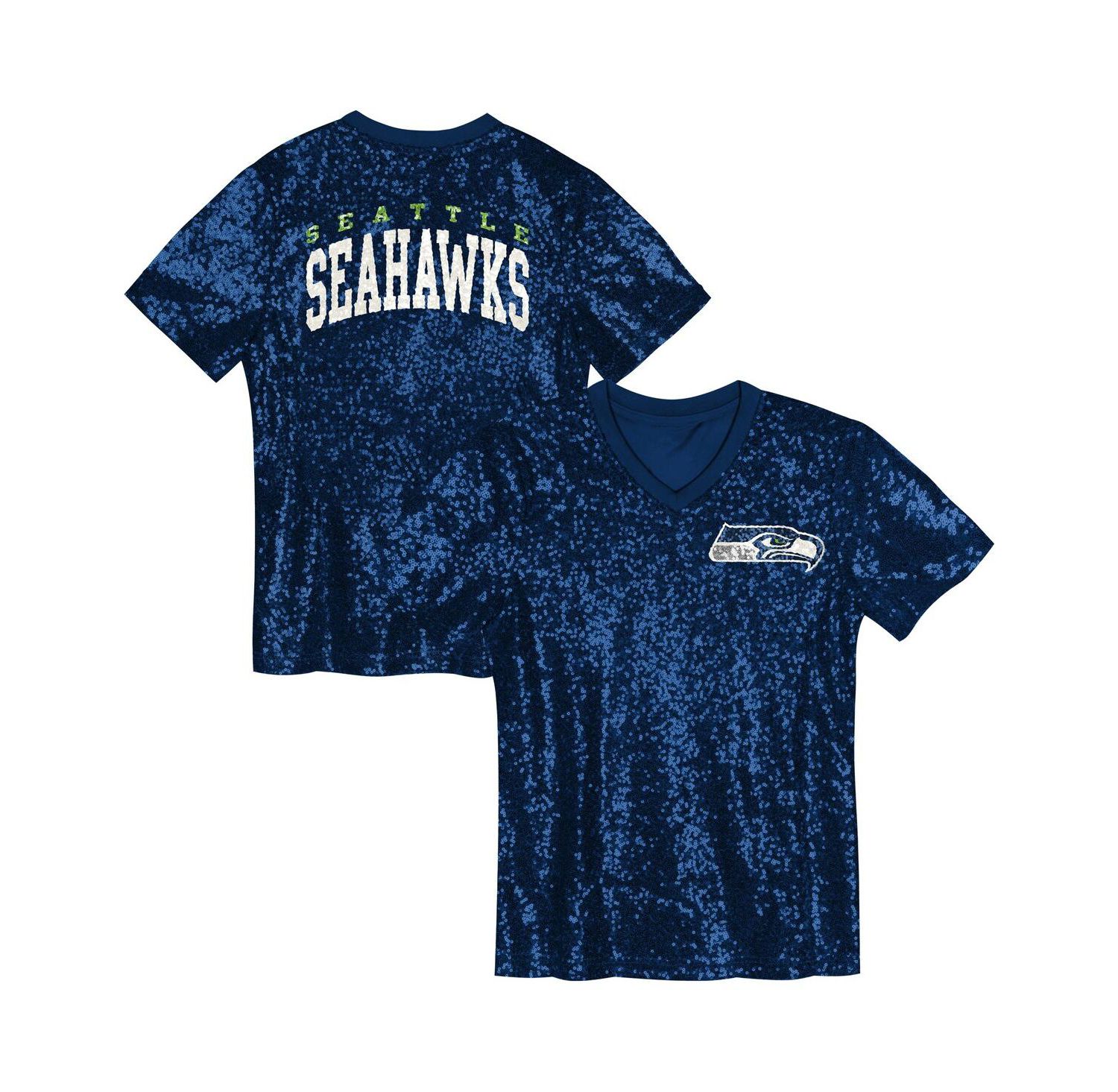 Big Girls College Navy Seattle Seahawks Wordmark Sequin V-Neck T-Shirt