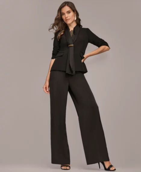 Women's Collarless Jacket, Novelty Sleeveless Ombre Top and Charmeuse High Rise Wide Leg Pants - None