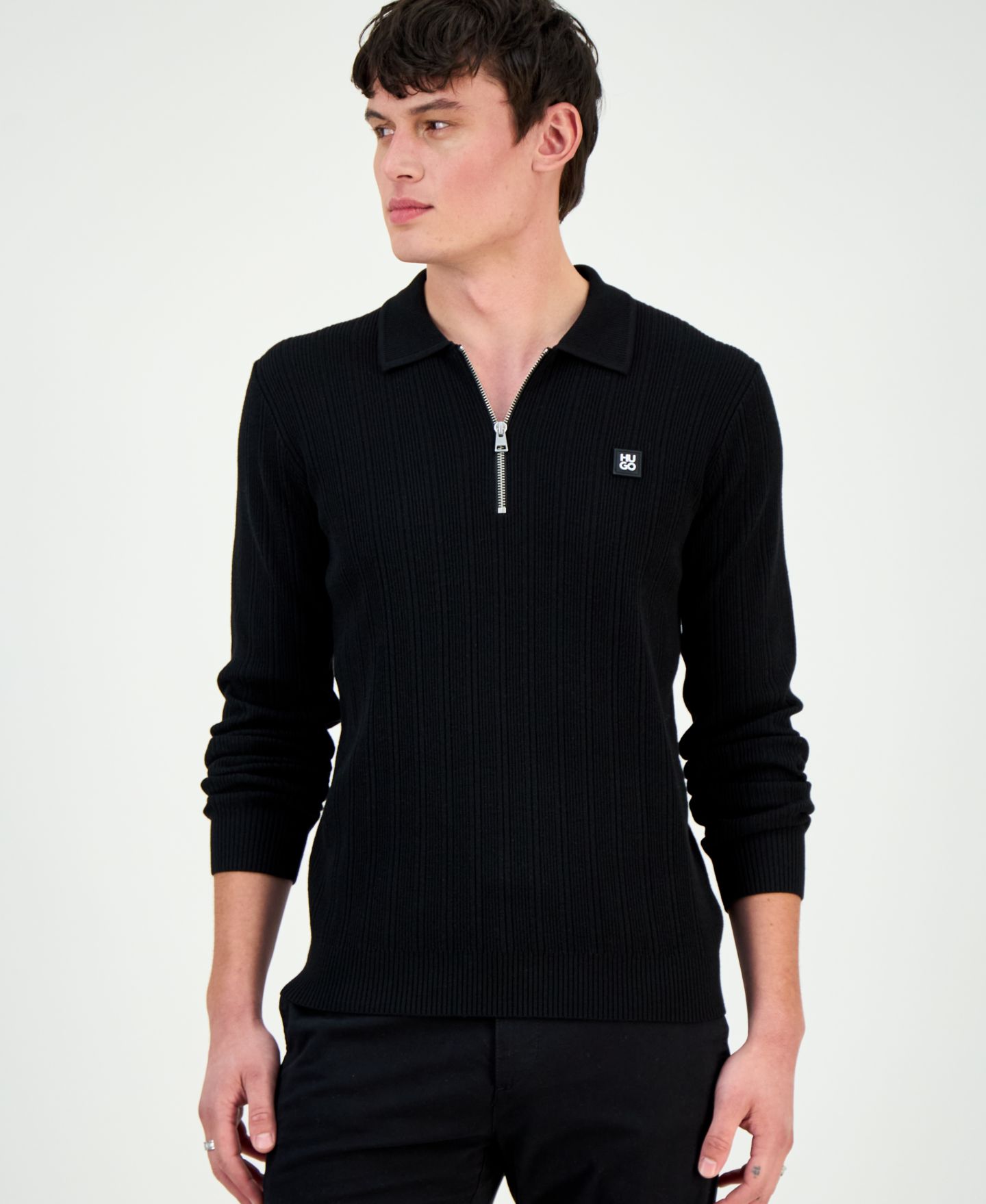 Мужской свитер Hugo Boss Hugo by Sastoro Long-Sleeve Quarter-Zip Textured, цвет: Чёрный — фото 1