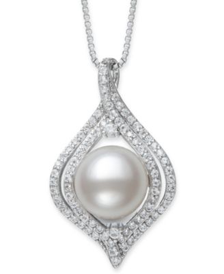 Belle de Mer - Cultured Freshwater Button Pearl (9-10mm) and Lab Created Sapphire Necklace in Sterling Silver