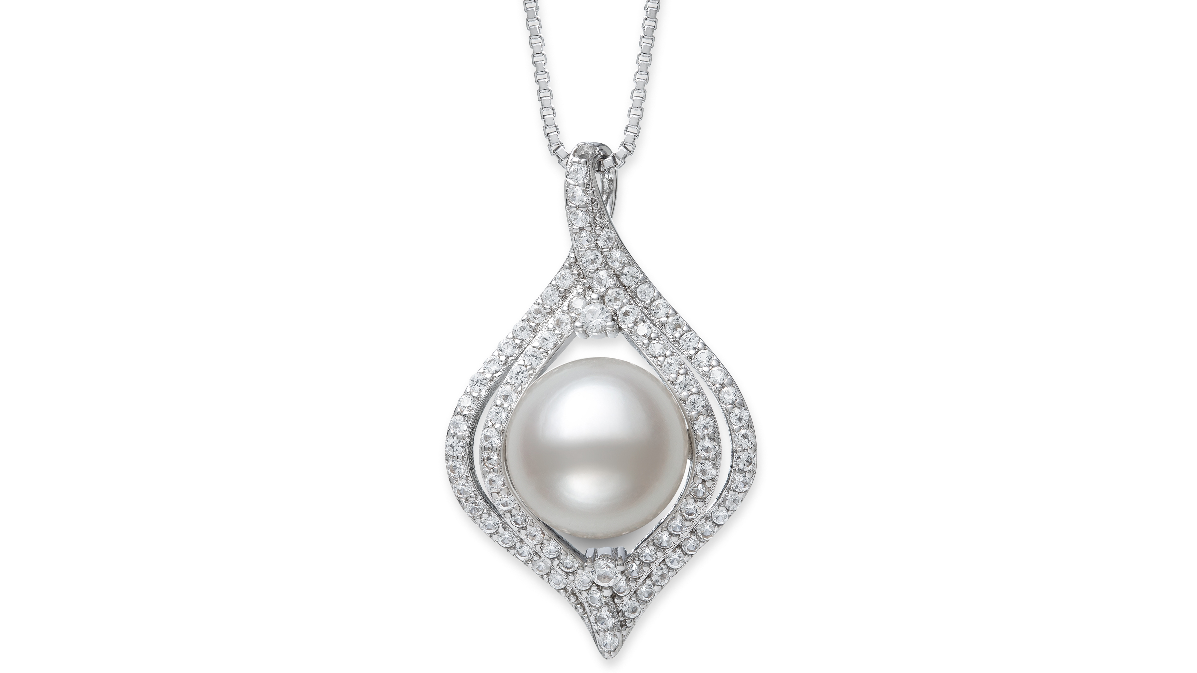 Belle de Mer Cultured Freshwater Button Pearl (9-10mm) and Lab Created Sapphire Necklace in Sterling Silver