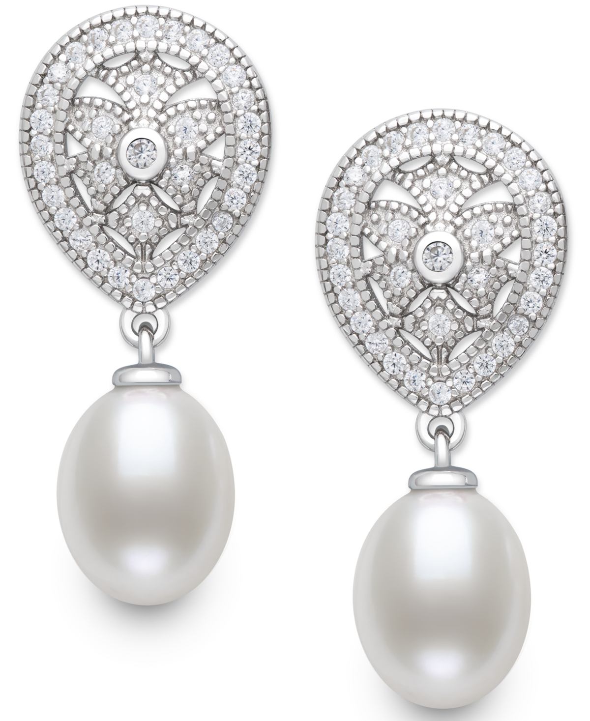 Belle De Mer Cultured Freshwater White Pearl (8-9mm) And Lab Created Sapphire Drop Earrings In Sterling Silver In White