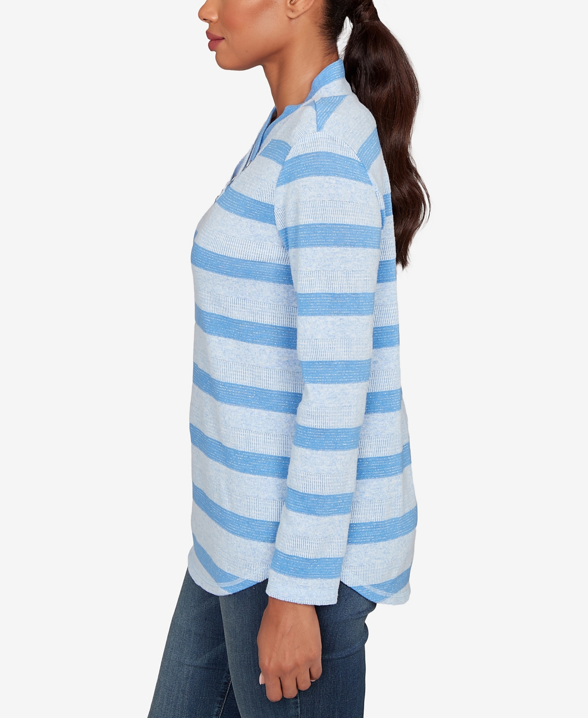 Ruby Rd. Petite Metallic Stripe Button Accent Knit Top In Multi