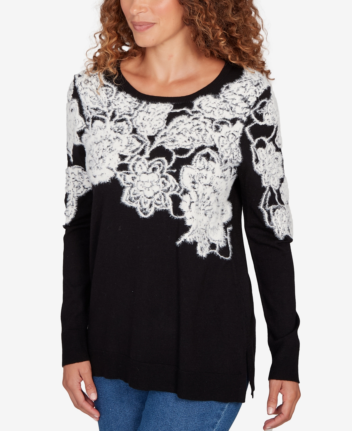 Ruby Rd. Petite Floral Placement Eyelash Sweater In Black