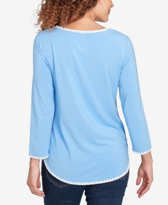 Petite Contrast Embroidered Solid Knit Top