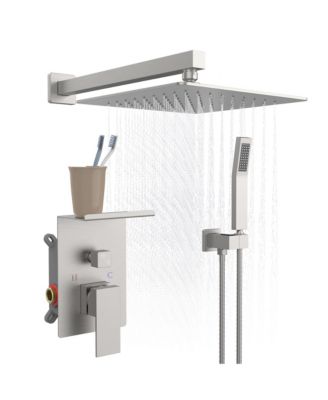 Rainfall Shower System With Storage Rack 10 inch Shower Faucet Set Brushed Nickel with High Pressure with Square Shower Head