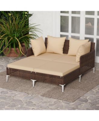 Outdoor Rattan Double Daybed Wicker Chaise Lounge for 2 w/ Seat & Back Cushions