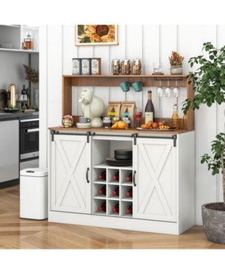 Farmhouse Coffee Bar Cabinet with Charging Station and Sliding Barn Doors