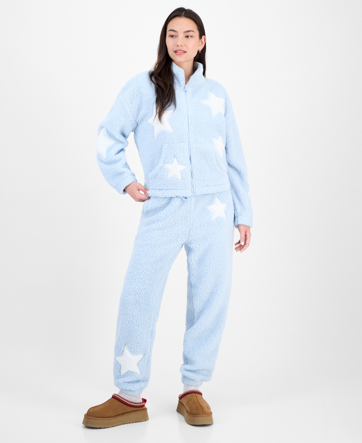 Madden Girl Juniors Star Sherpa Zip Up Sherpa Fleece Sweatpants In Blue