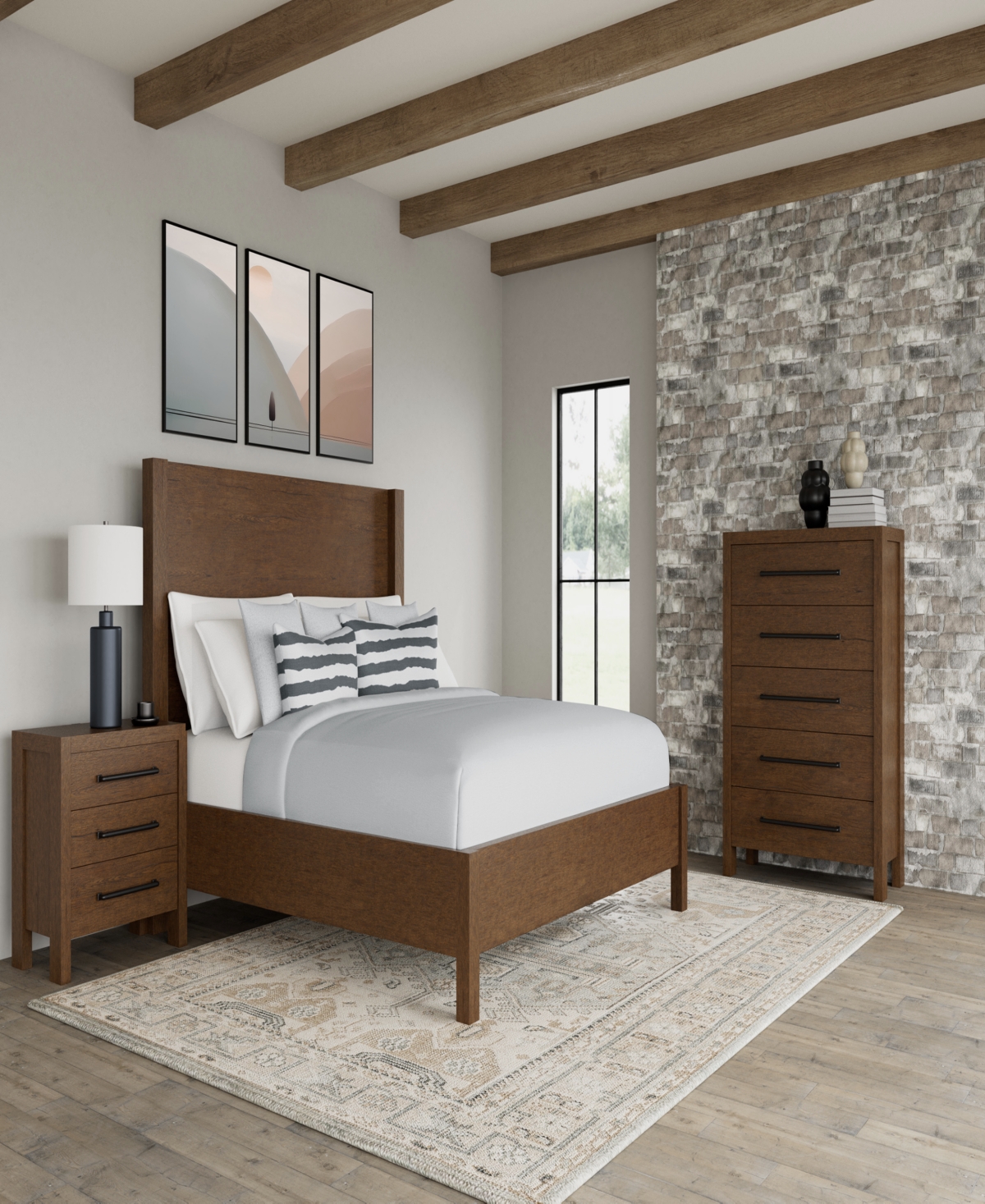 Macy's Furniture Davie Cracked Oak And Fabric 3-pc. Queen Panel Set In Brown