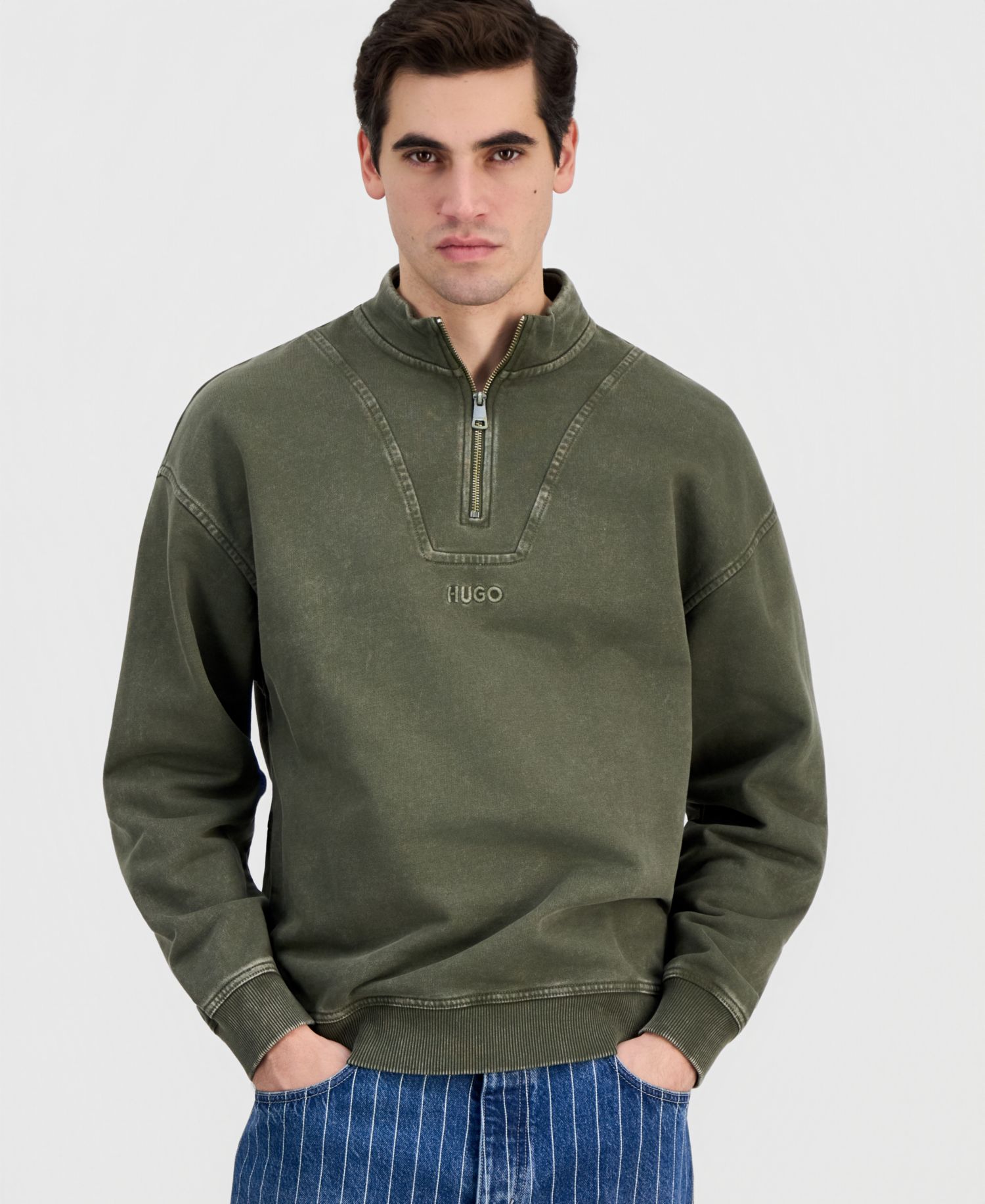 Men's Distressed Logo Quarter-Zip Sweater