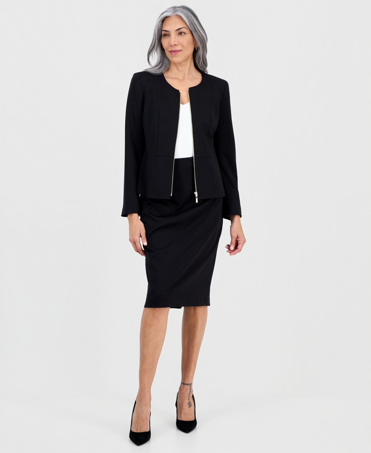 Women's Collarless Zip-Front Ponte 2 Piece Skirt Suit
