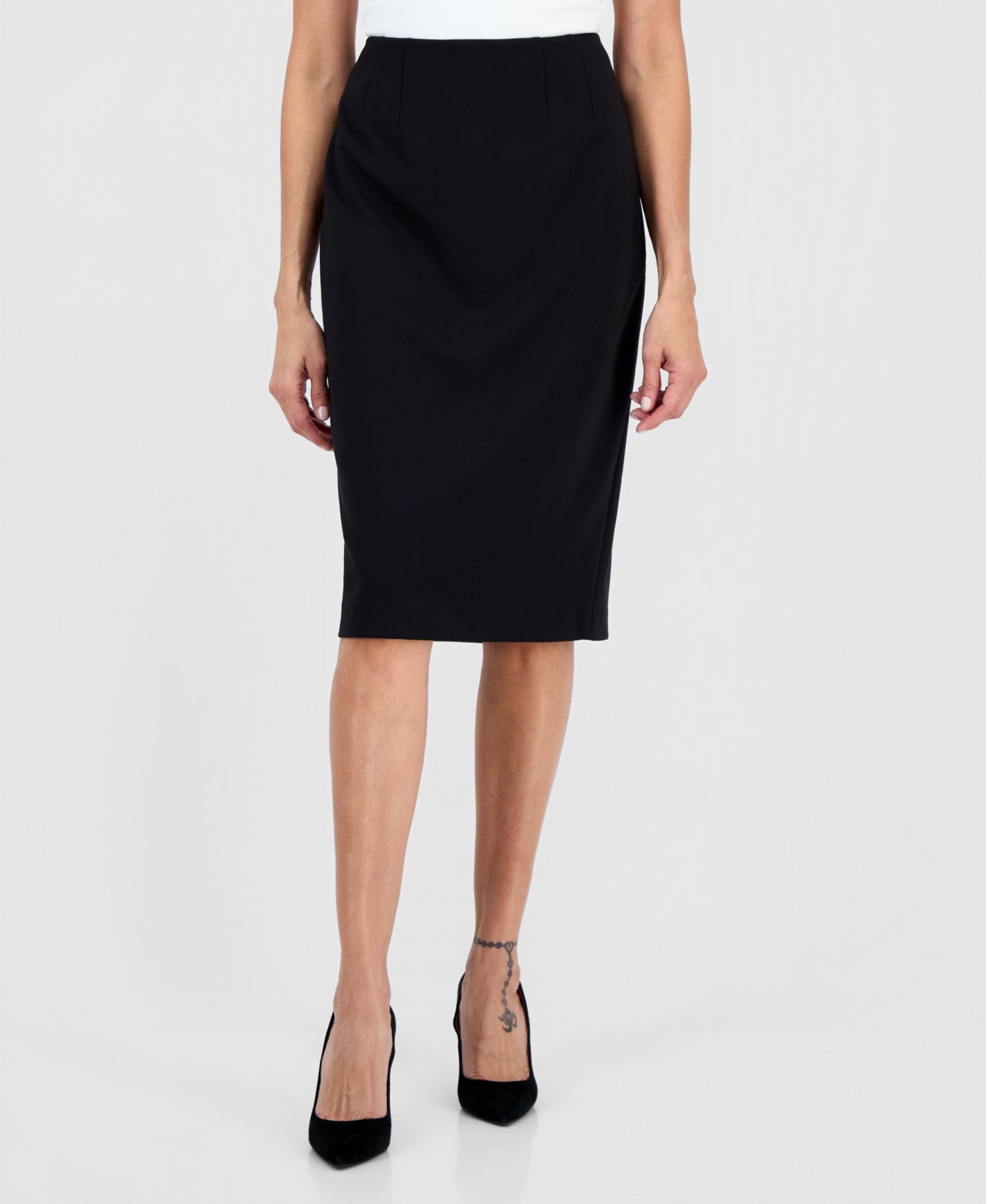 Women's Collarless Zip-Front Ponte 2 Piece Skirt Suit