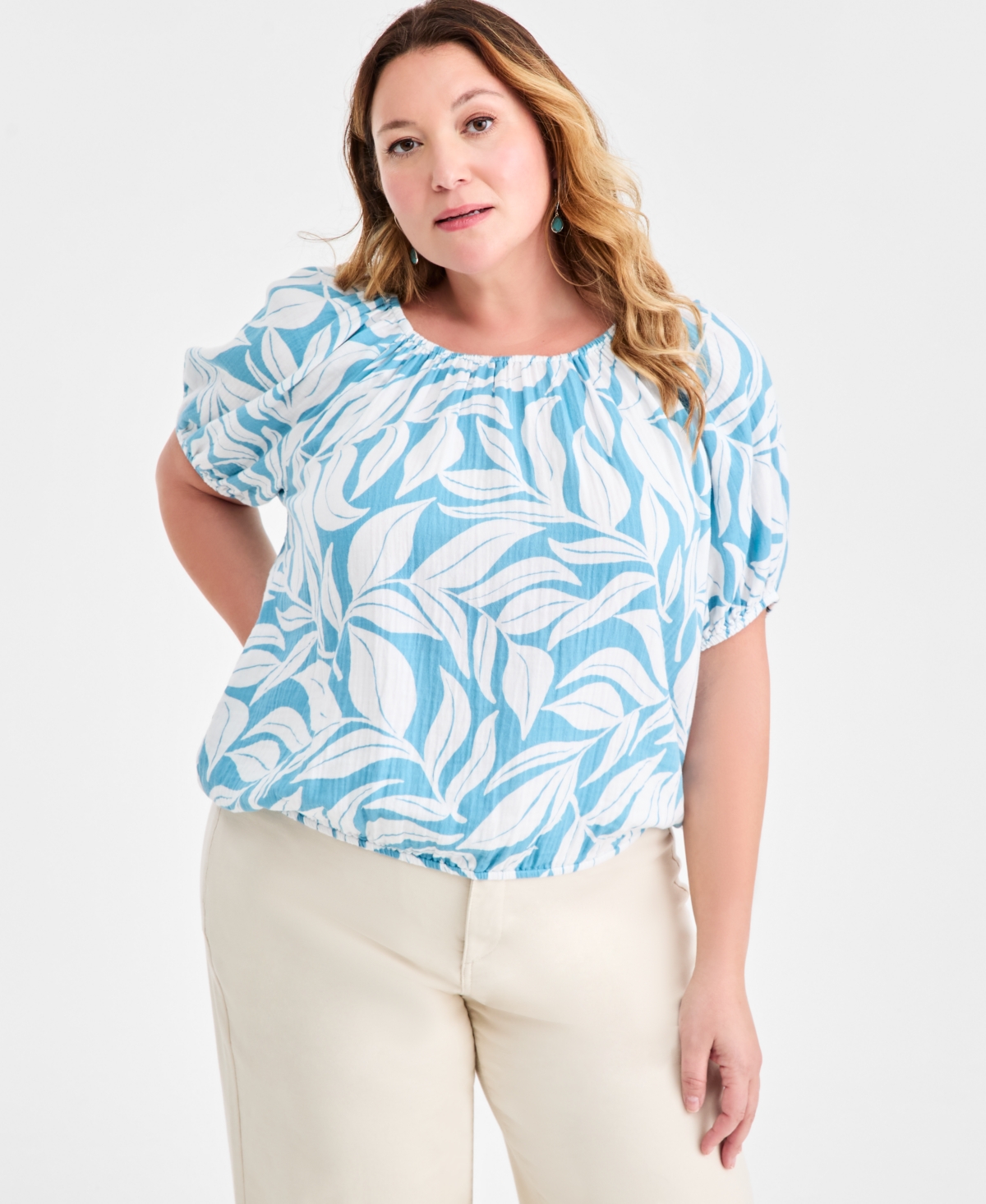 Style & Co Plus Cotton Puff-Sleeve Bubble Top