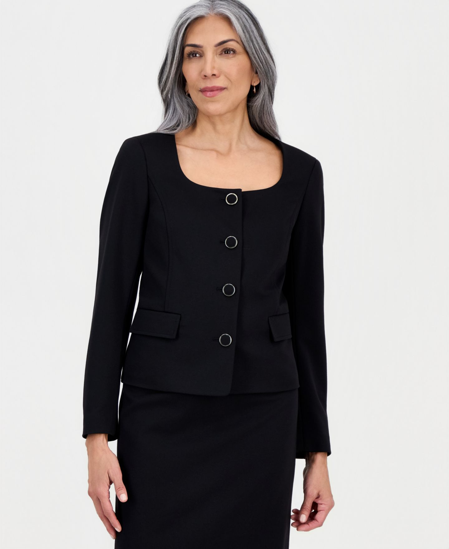 Женские юбки Le Suit Square-Neck Button-Front Ponte 2 Piece Skirt Suit, цвет: Чёрный — фото 3