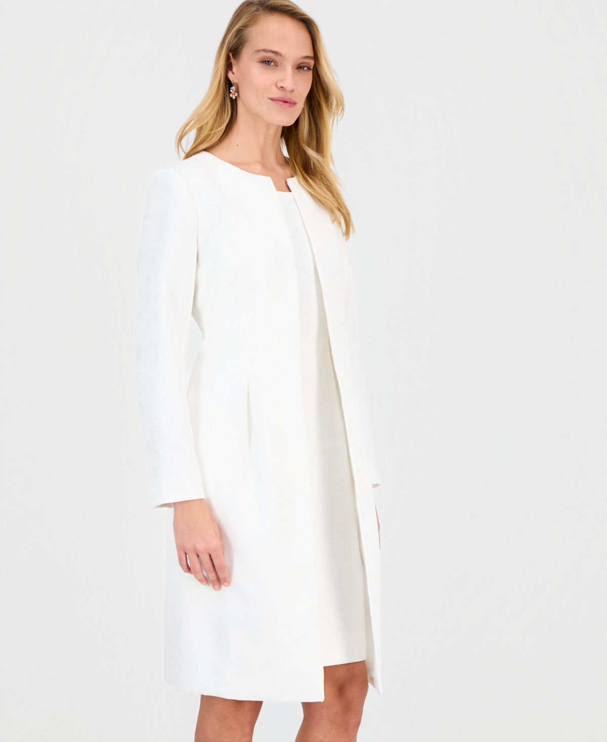 Le Suit Women's Jacquard Jacket & Round-neck Sheath Dress In White