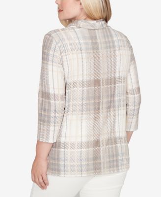 Petite Vienna Draped Cowl Neckline Plaid Knit Top