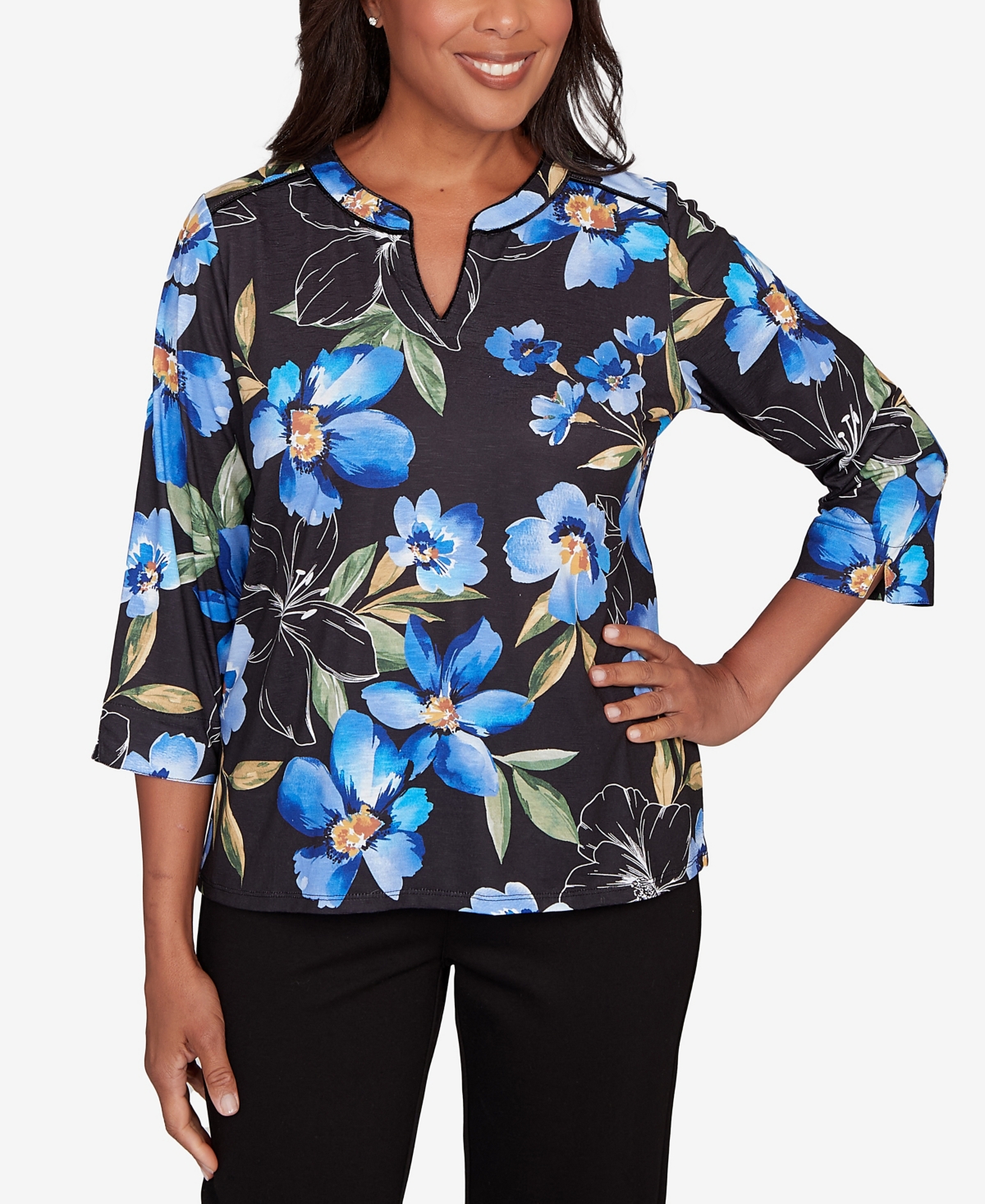Alfred Dunner Petite Barcelona Watercolor Floral Velvet Trim Top