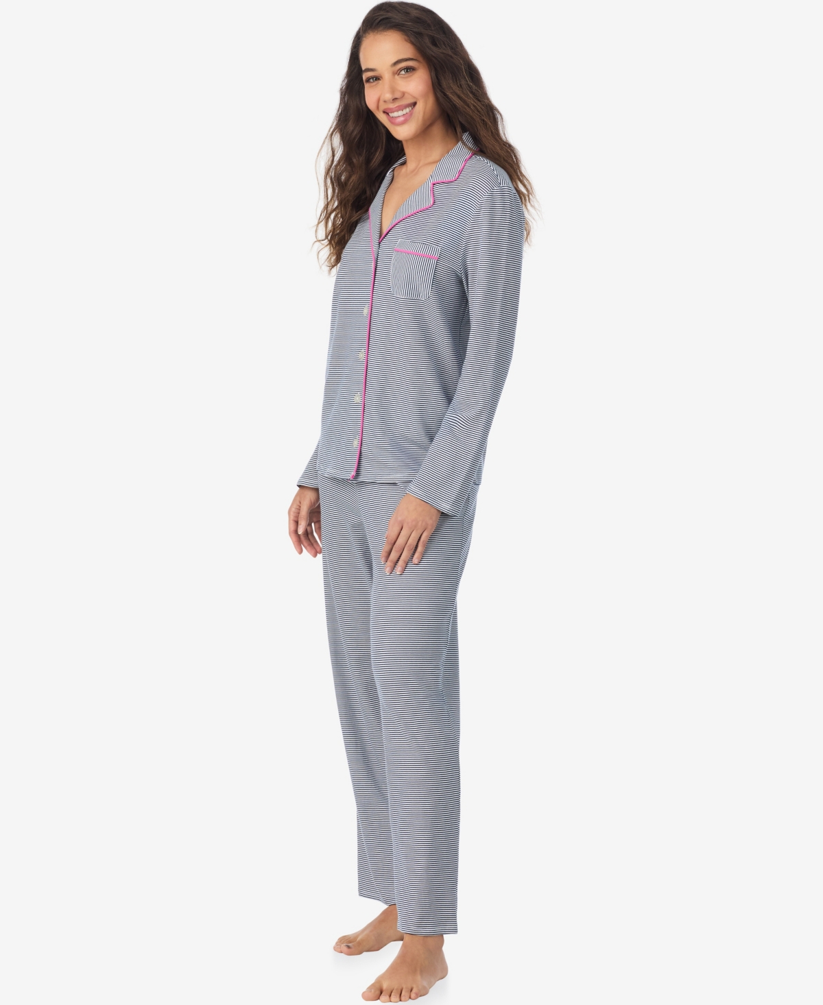 Cuddl Duds Women's Long Sleeve Notch Collar Top And Long Pants Pajama Set In Gray