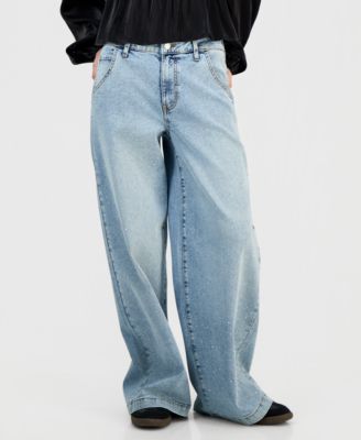 Juniors' Embellished Mid-Rise Wide-Leg Jeans 