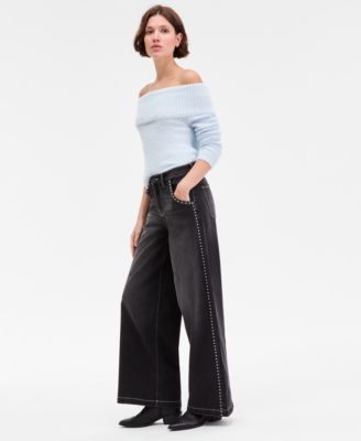 Juniors' Studded Wide-Leg Jeans