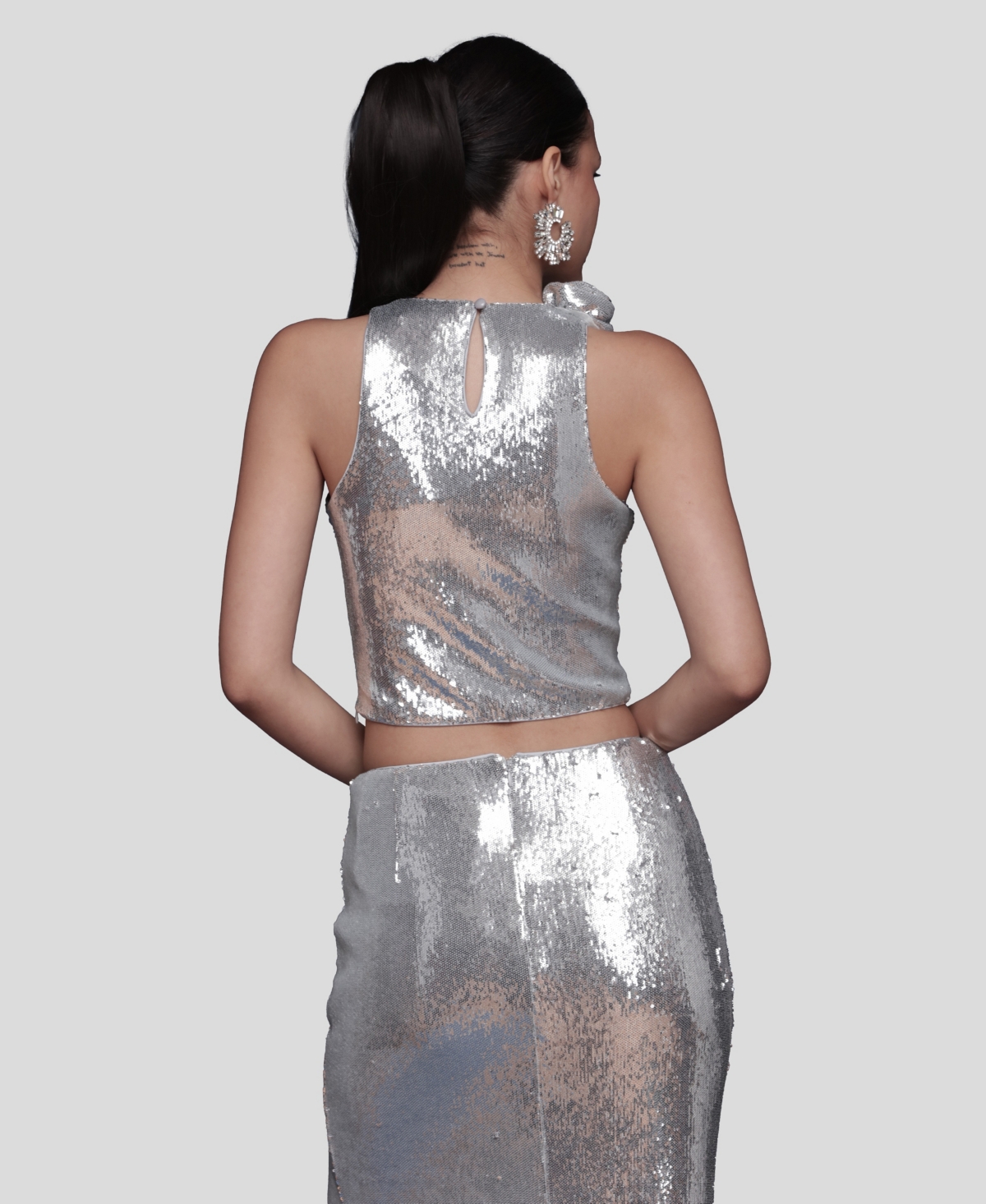 Avec Les Filles Sequin Crop Top In Silver