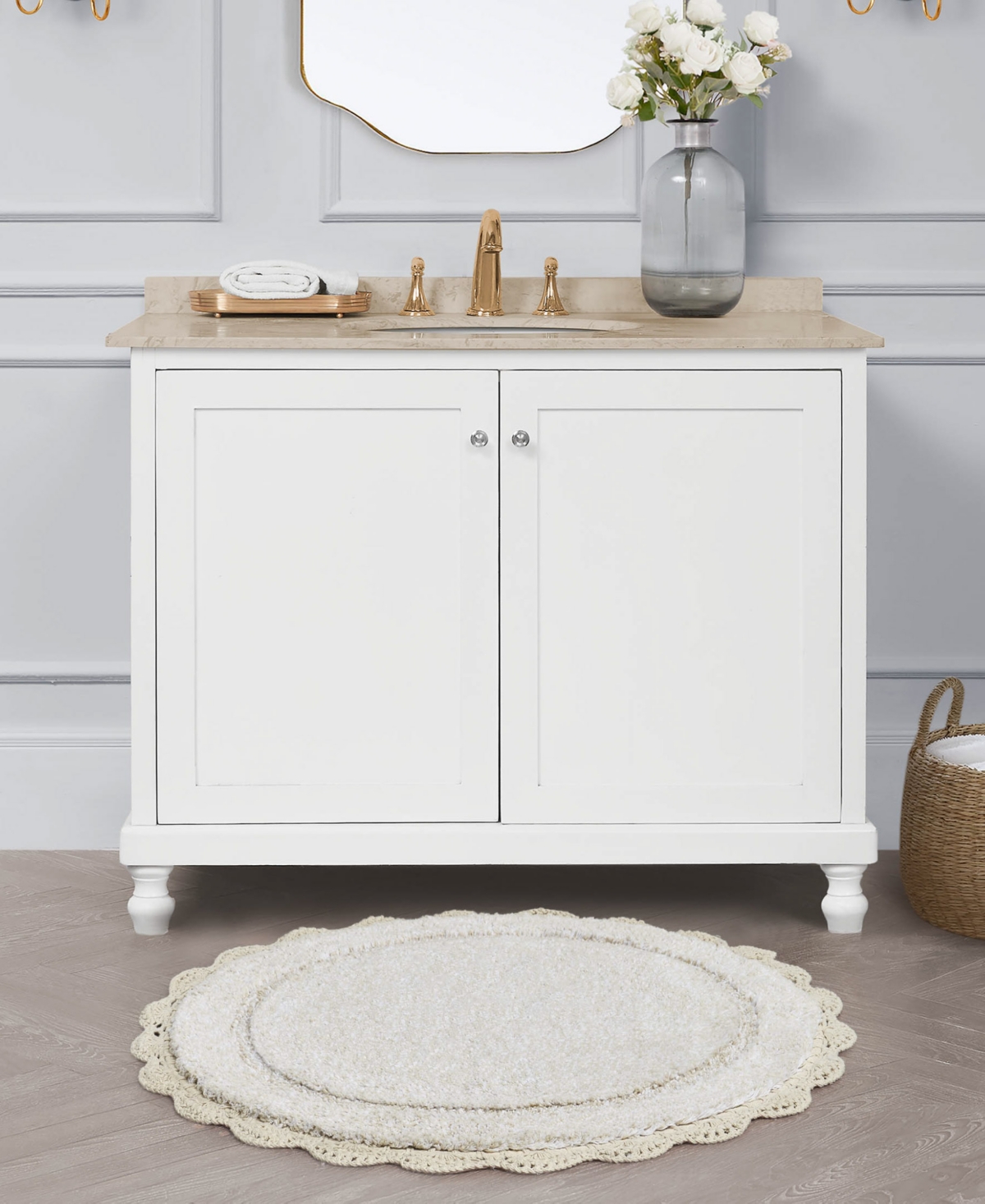 Laura Ashley Crochet Cotton Bath Rug, 26" Round In Neutral