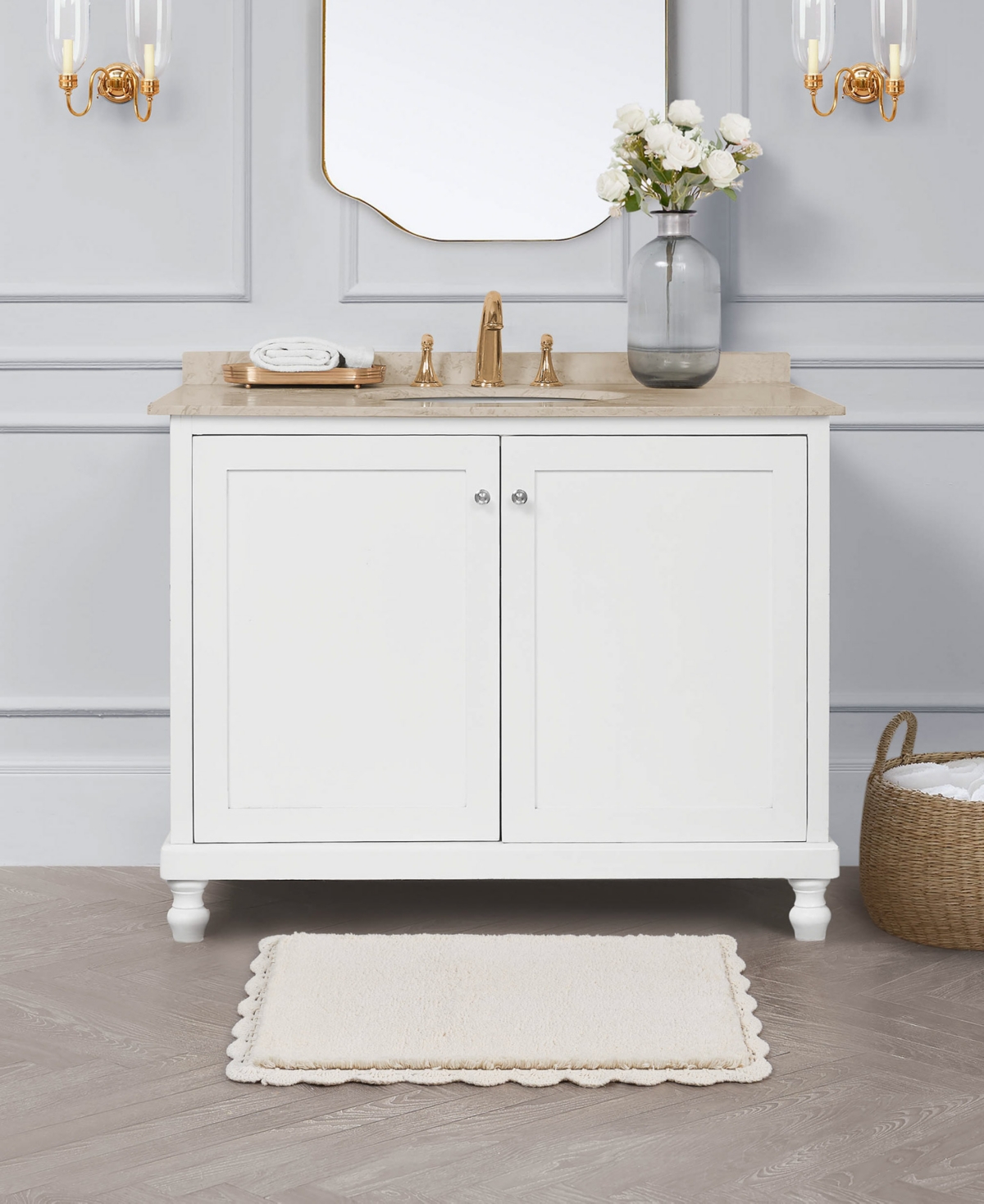 Laura Ashley Heathered Crochet Border Cotton Bath Rug, 17" X 24" In Neutral