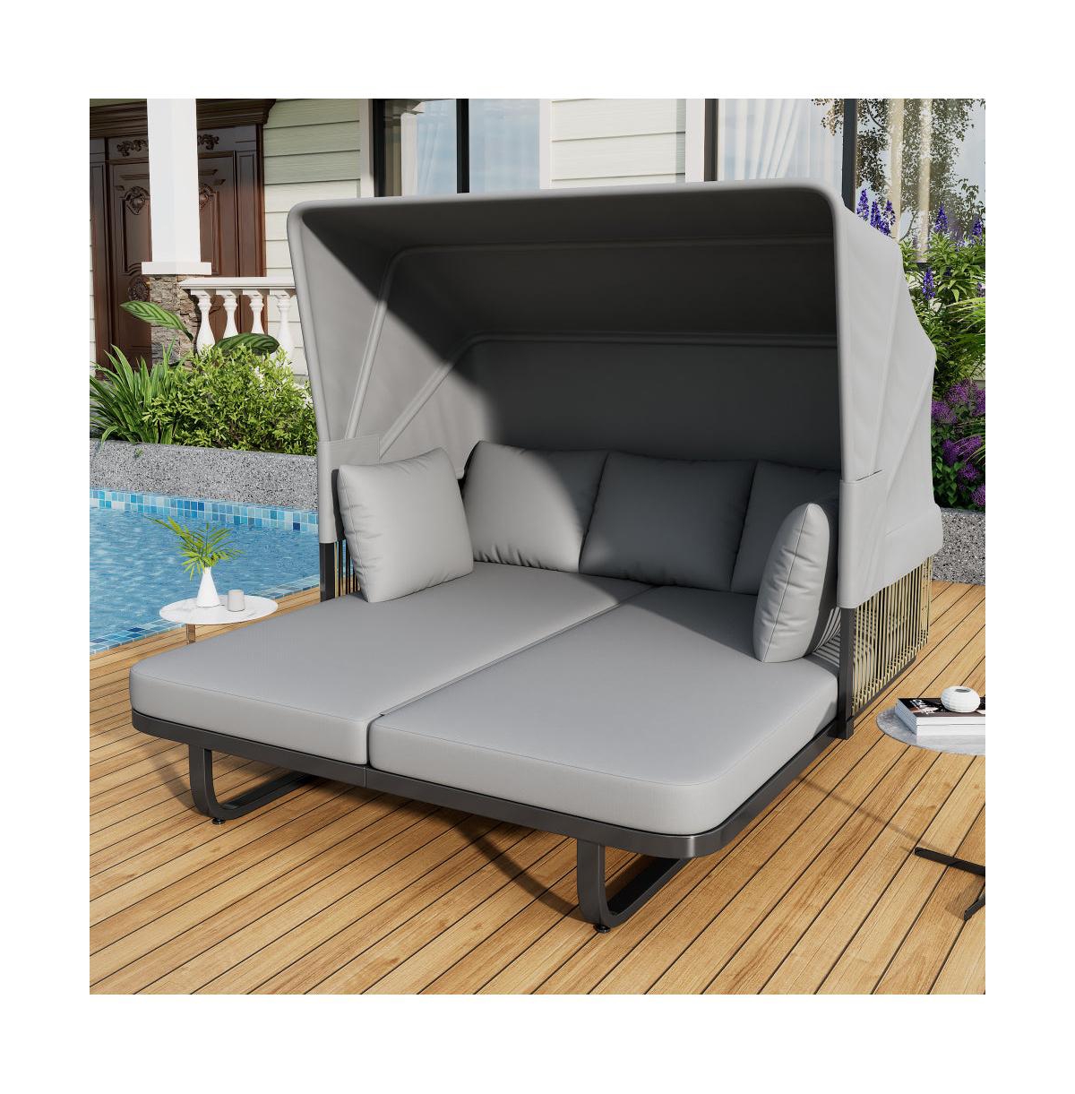 Chic Crate-57" Outdoor Rattan Daybed - Patio Furniture with Detachable Cushions for Backyard & Poolside (Modern Design, Grey)