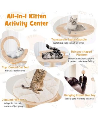 4-in-1 Building Block Cat Tree w/ Space Capsule Nest Padded Platform Hanging Toy