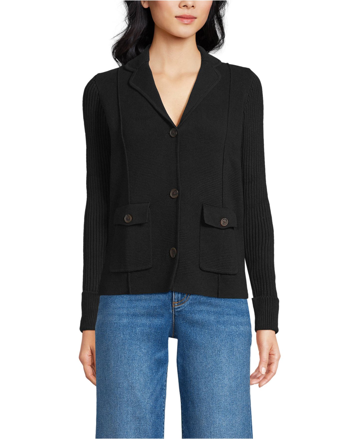 Женский свитер Lands' End Drifter Ribbed Collared Blazer, цвет: Чёрный — фото 1